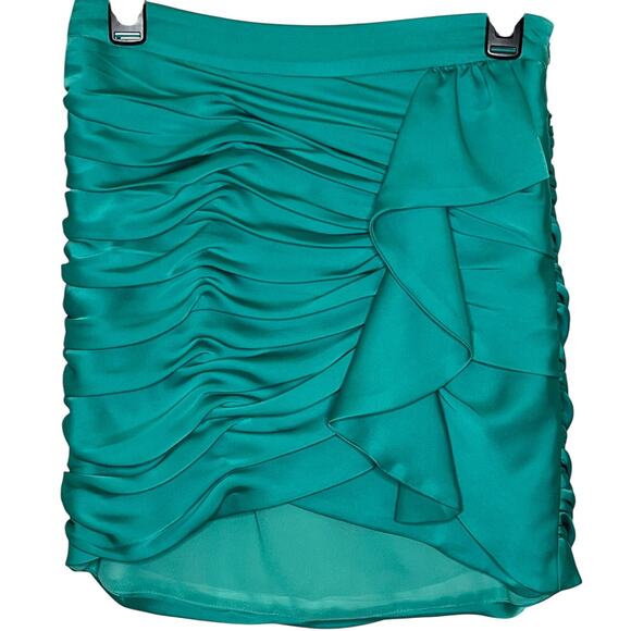 Ramy Brook Teal Satin Ruched Mini Skirt with Ruffle Side Zip Size 4 - Picture 1 of 9